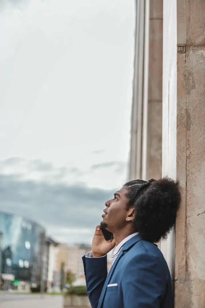 Young Afro Man In Blazer With Mobile Phone Looking